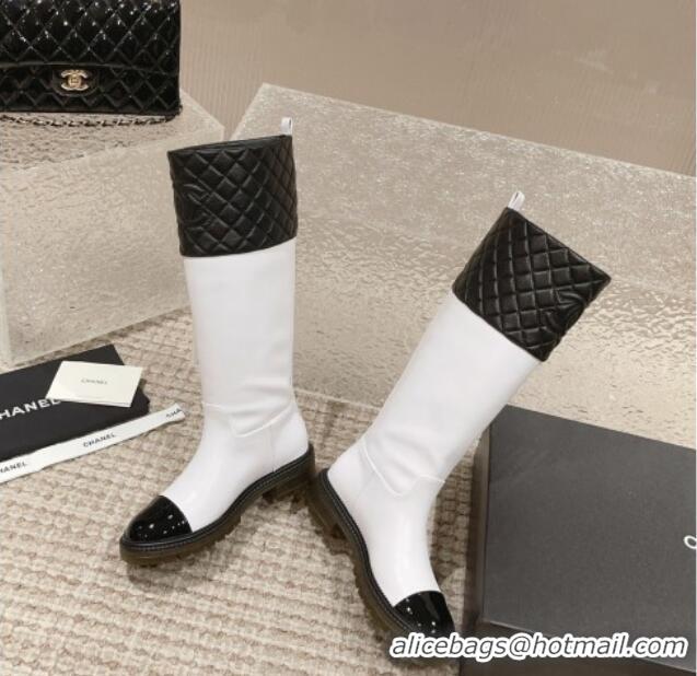 Hot Style Chanel Quilted Lambskin & Calfskin High Boots with Lug Sole White/Black 802040