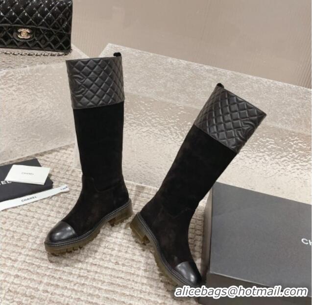 Top Design Chanel Quilted Lambskin & Suede High Boots with Lug Sole Black 802041