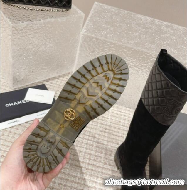 Top Design Chanel Quilted Lambskin & Suede High Boots with Lug Sole Black 802041