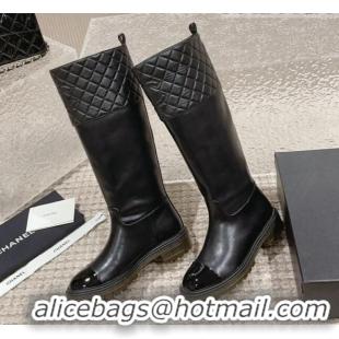 Sumptuous Chanel Quilted Lambskin & Calfskin High Boots with Lug Sole All Black 802042