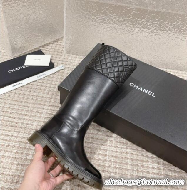 Sumptuous Chanel Quilted Lambskin & Calfskin High Boots with Lug Sole All Black 802042