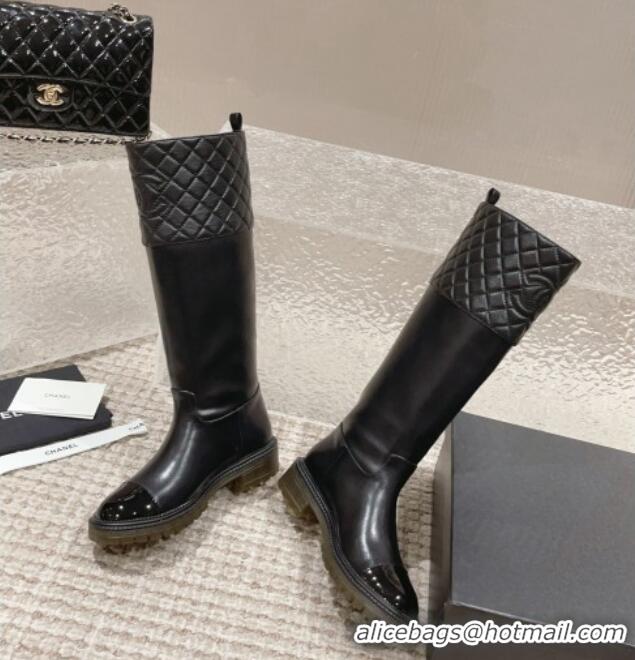 Sumptuous Chanel Quilted Lambskin & Calfskin High Boots with Lug Sole All Black 802042