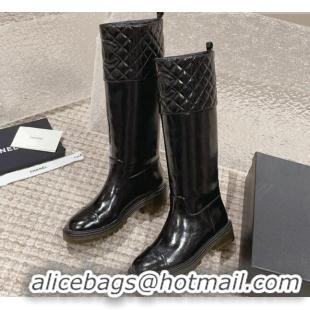 Stylish Chanel Quilted Lambskin & Patent Calfskin High Boots with Lug Sole Black 802043