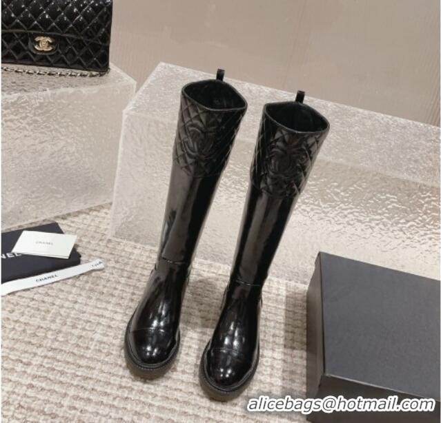 Stylish Chanel Quilted Lambskin & Patent Calfskin High Boots with Lug Sole Black 802043