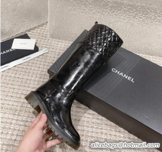 Stylish Chanel Quilted Lambskin & Patent Calfskin High Boots with Lug Sole Black 802043