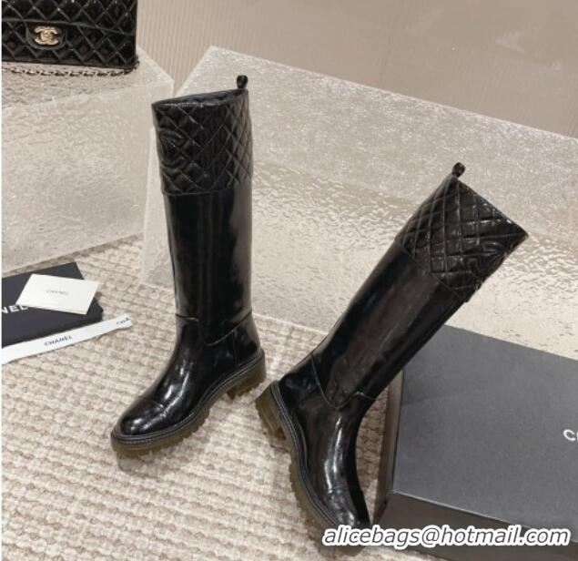 Stylish Chanel Quilted Lambskin & Patent Calfskin High Boots with Lug Sole Black 802043