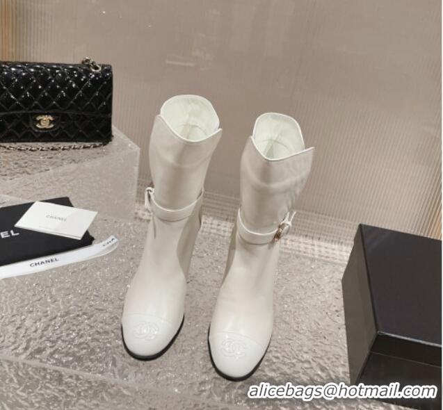 Perfect Chanel Calfskin Ankle Boots with Strap Buckle White 802044