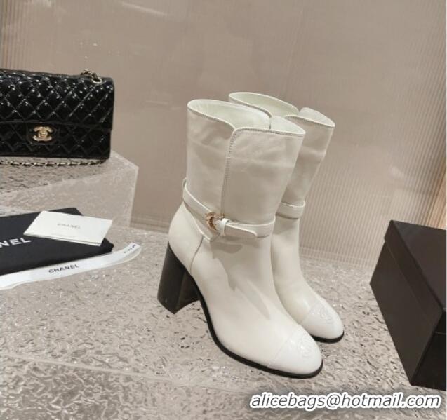 Perfect Chanel Calfskin Ankle Boots with Strap Buckle White 802044