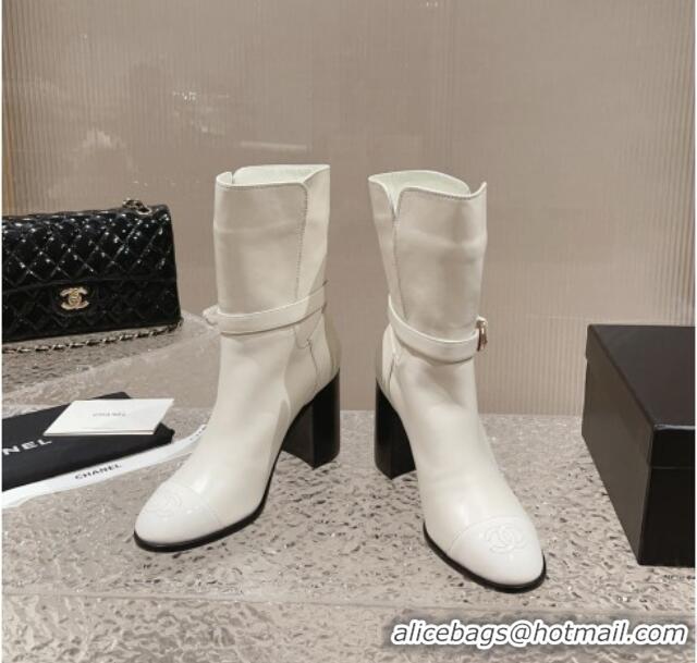 Perfect Chanel Calfskin Ankle Boots with Strap Buckle White 802044