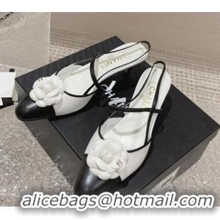 Luxury Chanel Calfskin Slingback Pumps 5cm with Camellia Bloom White 802046