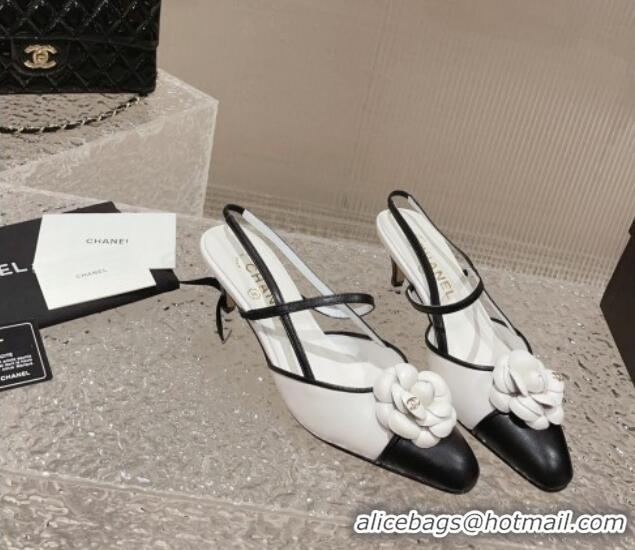 Luxury Chanel Calfskin Slingback Pumps 5cm with Camellia Bloom White 802046