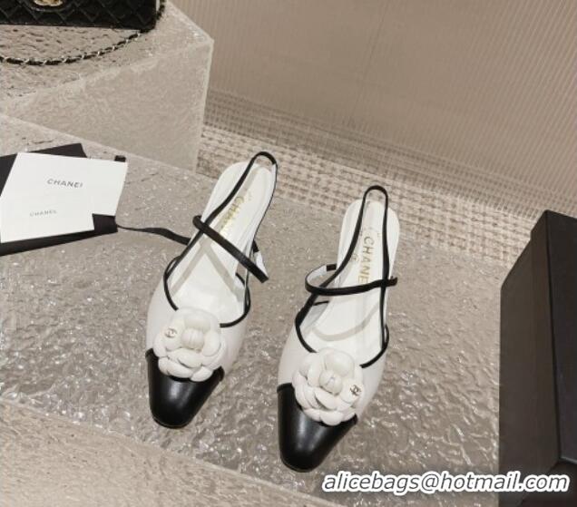 Luxury Chanel Calfskin Slingback Pumps 5cm with Camellia Bloom White 802046