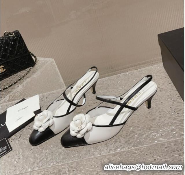 Luxury Chanel Calfskin Slingback Pumps 5cm with Camellia Bloom White 802046