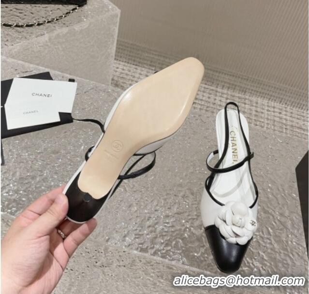 Luxury Chanel Calfskin Slingback Pumps 5cm with Camellia Bloom White 802046