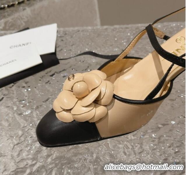 Top Grade Chanel Calfskin Slingback Pumps 5cm with Camellia Bloom Beige 802047