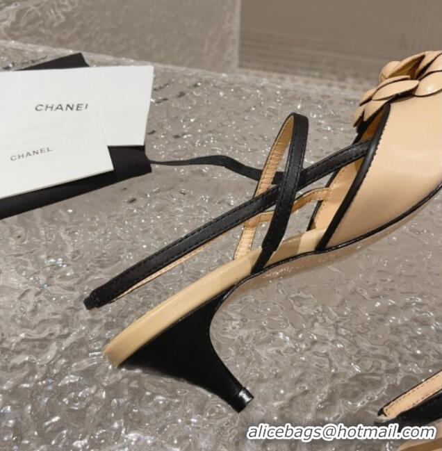 Top Grade Chanel Calfskin Slingback Pumps 5cm with Camellia Bloom Beige 802047