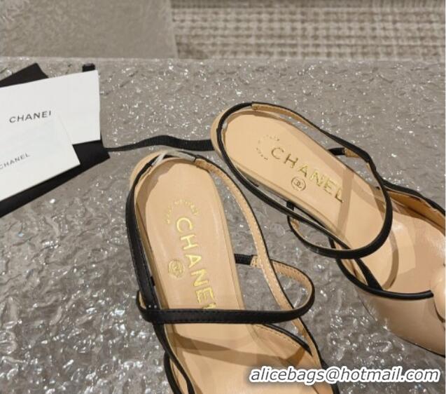 Top Grade Chanel Calfskin Slingback Pumps 5cm with Camellia Bloom Beige 802047