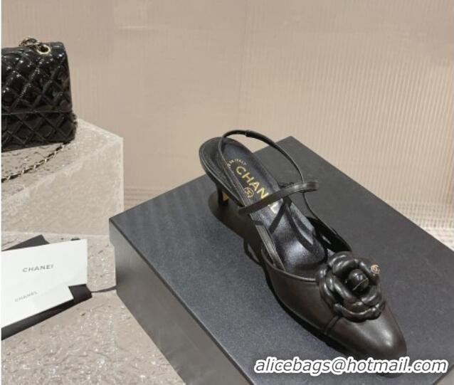 Durable Chanel Calfskin Slingback Pumps 5cm with Camellia Bloom Black 802048