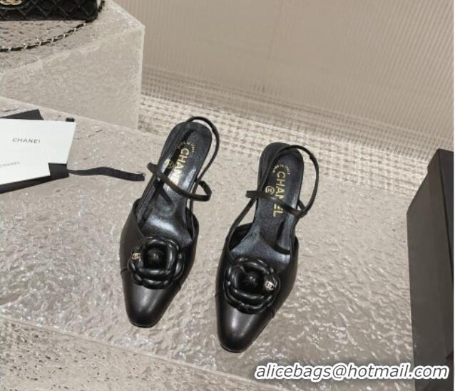 Durable Chanel Calfskin Slingback Pumps 5cm with Camellia Bloom Black 802048