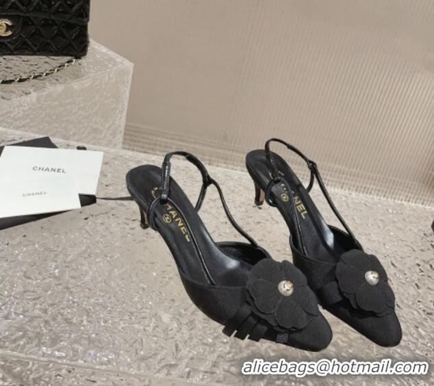 Classic Hot Chanel Grosgrain Slingback Pumps 5cm with Strap Bloom Black 802049