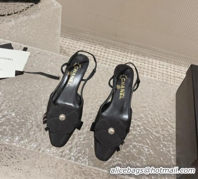 Classic Hot Chanel Grosgrain Slingback Pumps 5cm with Strap Bloom Black 802049