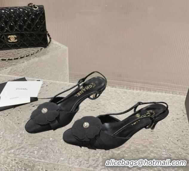 Classic Hot Chanel Grosgrain Slingback Pumps 5cm with Strap Bloom Black 802049