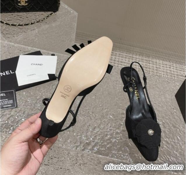 Classic Hot Chanel Grosgrain Slingback Pumps 5cm with Strap Bloom Black 802049