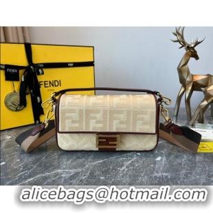 Super Quality Fendi Baguette Medium Bag in Canvas bag with FF embroidery 8600 Beige 2023