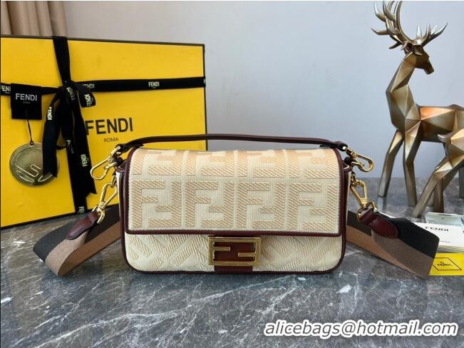 Super Quality Fendi Baguette Medium Bag in Canvas bag with FF embroidery 8600 Beige 2023