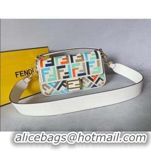 Discount Fendi Baguette Medium Bag in Canvas bag with FF embroidery 600M78 White and Multicolor 2023