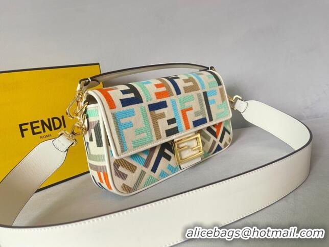 Discount Fendi Baguette Medium Bag in Canvas bag with FF embroidery 600M78 White and Multicolor 2023