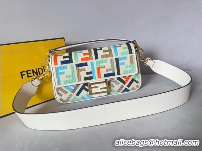 Discount Fendi Baguette Medium Bag in Canvas bag with FF embroidery 600M78 White and Multicolor 2023