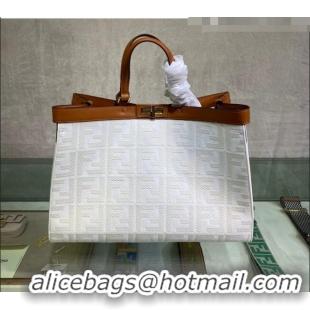 Top Grade Fendi Peekaboo X-Tote Canvas Shopper Bag with FF embroidery F15046 White/Brown 2023