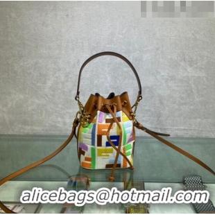 Luxurious Fendi Mon Tresor Canvas Mini Bucket Bag with FF embroidery F15057 Brown/Multicolor 2023