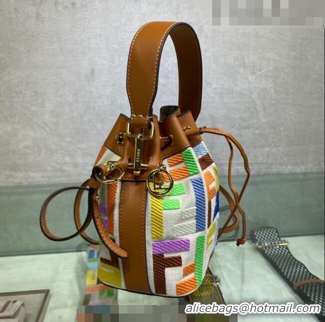 Luxurious Fendi Mon Tresor Canvas Mini Bucket Bag with FF embroidery F15057 Brown/Multicolor 2023