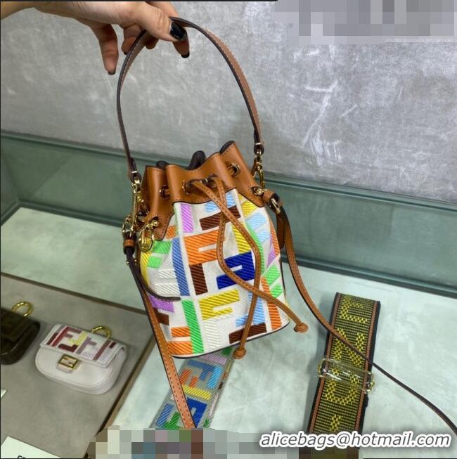 Luxurious Fendi Mon Tresor Canvas Mini Bucket Bag with FF embroidery F15057 Brown/Multicolor 2023