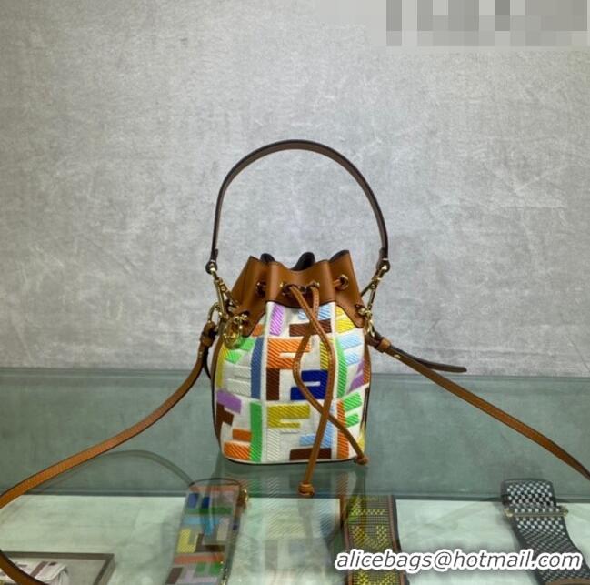 Luxurious Fendi Mon Tresor Canvas Mini Bucket Bag with FF embroidery F15057 Brown/Multicolor 2023