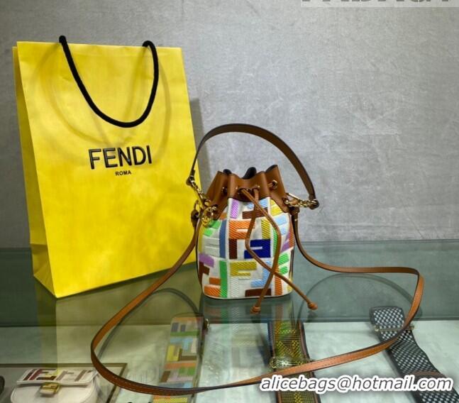 Luxurious Fendi Mon Tresor Canvas Mini Bucket Bag with FF embroidery F15057 Brown/Multicolor 2023