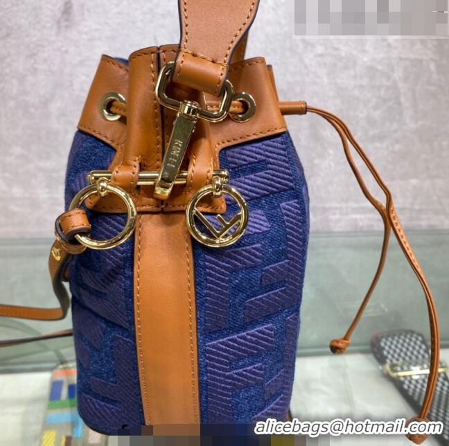 Top Grade Fendi Mon Tresor Mini Bucket Bag with FF embroidery F15057 Blue Denim 2023