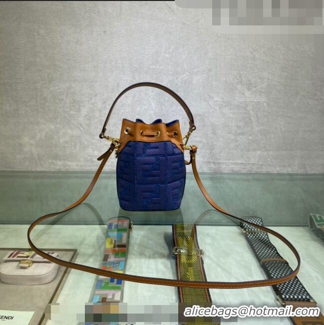 Top Grade Fendi Mon Tresor Mini Bucket Bag with FF embroidery F15057 Blue Denim 2023