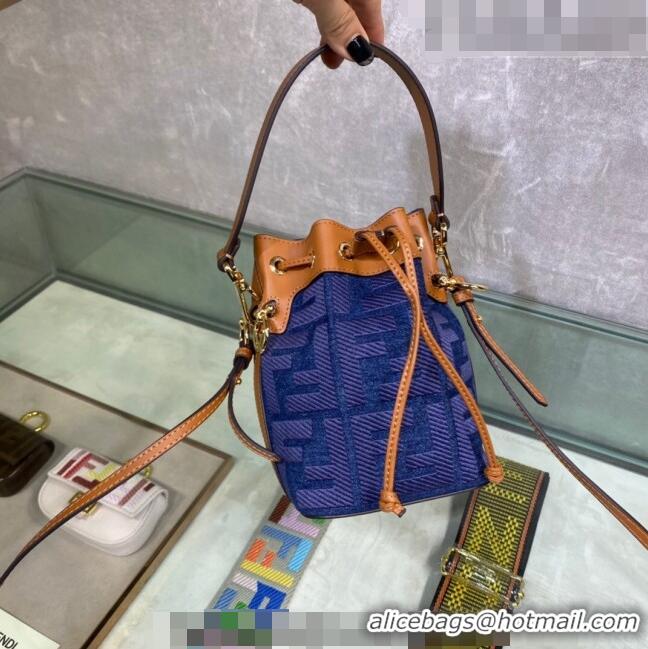 Top Grade Fendi Mon Tresor Mini Bucket Bag with FF embroidery F15057 Blue Denim 2023