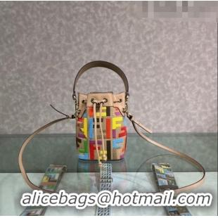 Top Design Fendi Mon Tresor Canvas Mini Bucket Bag with FF embroidery F15057 Beige/Multicolor 2023