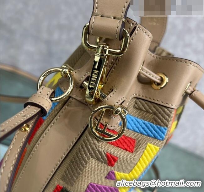 Top Design Fendi Mon Tresor Canvas Mini Bucket Bag with FF embroidery F15057 Beige/Multicolor 2023