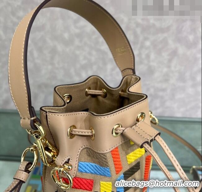 Top Design Fendi Mon Tresor Canvas Mini Bucket Bag with FF embroidery F15057 Beige/Multicolor 2023