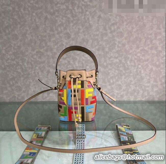 Top Design Fendi Mon Tresor Canvas Mini Bucket Bag with FF embroidery F15057 Beige/Multicolor 2023