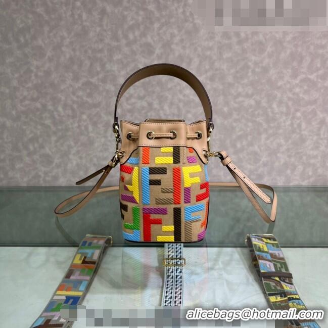 Top Design Fendi Mon Tresor Canvas Mini Bucket Bag with FF embroidery F15057 Beige/Multicolor 2023