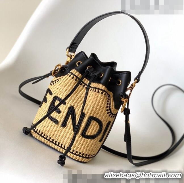 Cheap Price Fendi Mon Tresor Straw Mini Bucket Bag F15057 Beige/Black 2023