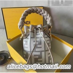 New Fashion Fendi Mon Tresor FF Canvas Mini Bucket Bag with Braided Strap F15064 Grey 2023