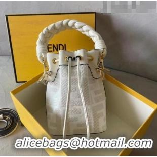 Top Grade Fendi Mon Tresor FF Canvas Mini Bucket Bag with Braided Strap F15064 White 2023