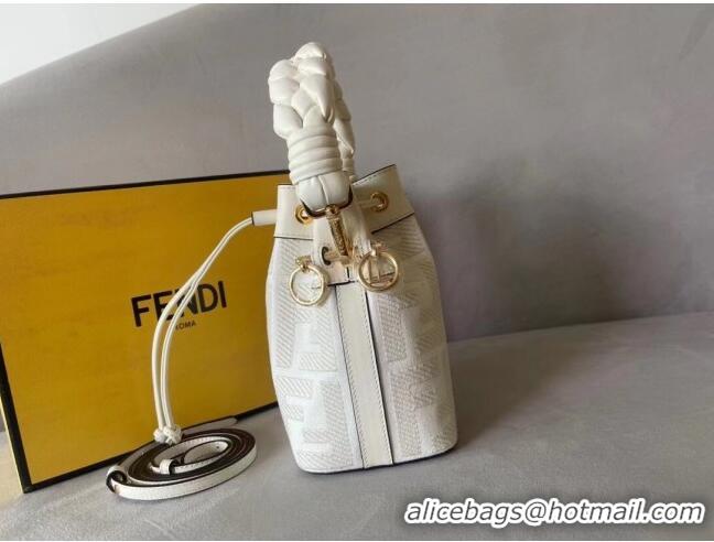 Top Grade Fendi Mon Tresor FF Canvas Mini Bucket Bag with Braided Strap F15064 White 2023